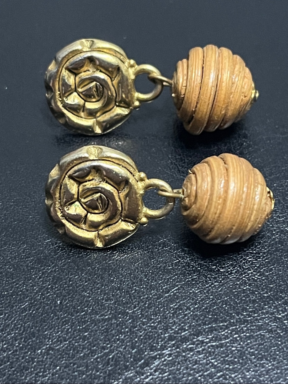 Vintage Signed C. Stein Gold Tone Rose & Coiled Ball Dangle Earrings